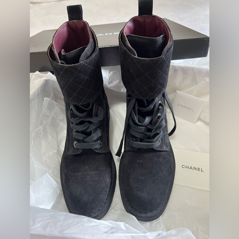 CHANEL Quilted Suede Combat Boots – Black Lace Up - Picture 3 of 17